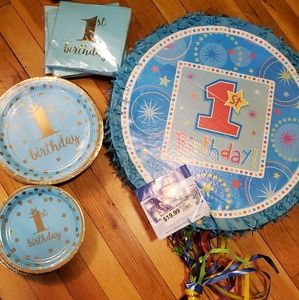 1st birthday pinata, napkins and plates